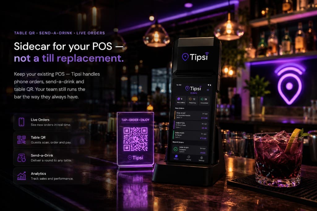 Tipsi POS terminal, table QR stand and live orders at the bar